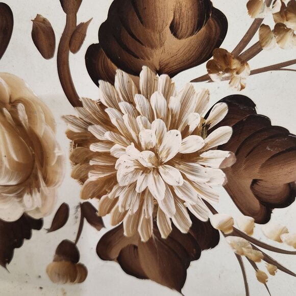 Hand-Painted Vintage Floral Tole Tray With Brown & Cream Flowers Rectangular Met - Picture 2 of 4